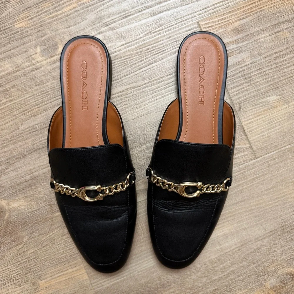 Coach Sofi Black Gold Chain Logo Leather Women's Mules Size 9 - Picture 2 of 4